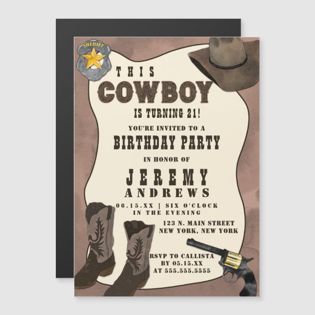 Land Brown Cowboy Watercolor Birthday Magnetisk Inbjudningskort (Fram/baksida)
