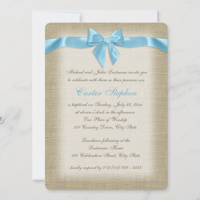 Land Burlap Baby blue Christening Inbjudningar (Framsida)
