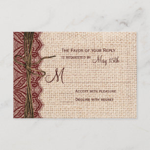 Land Burlap Maroon Red Snöre Twine Bröllop OSA Kort
