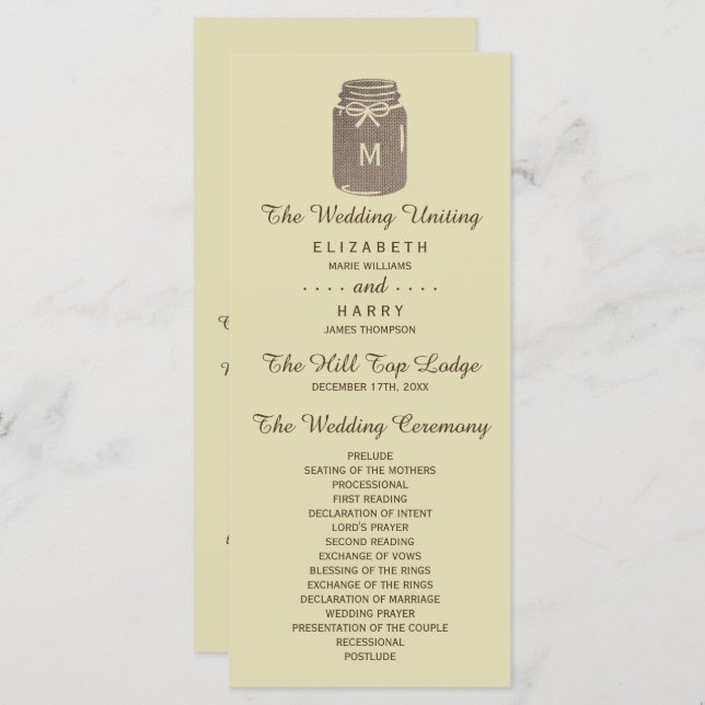 Land Burlap Mason Burk Bröllop Program (Fram/baksida)