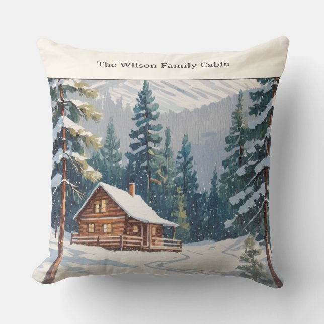 Land Cabin-jul för familjen Rustic Winter Snö Kudde (Framsida)