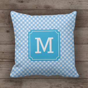 Land Chic Baby blue Gingham Namn Monogram Kudde