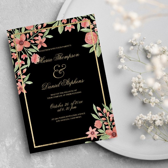 Land Chic Black Guld Rosa Grönt Blommigt Bröllop Inbjudningar (Country Chic Black Gold Pink Green Floral Wedding )