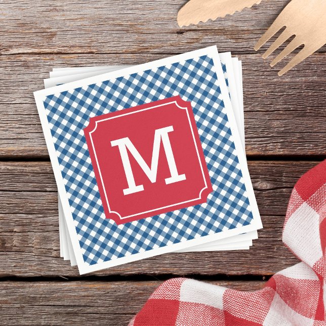 Land Chic Blue Gingham Personalize Monogram Pappersservett (Skapare uppladdad)