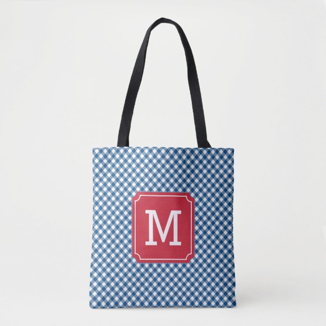 Land Chic Blue Gingham Personlig Monogram Tygkasse (Framsida)