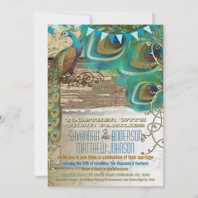 Land Chic Bunting Peacock Vintage Old Wood Inbjudningar (Framsida)