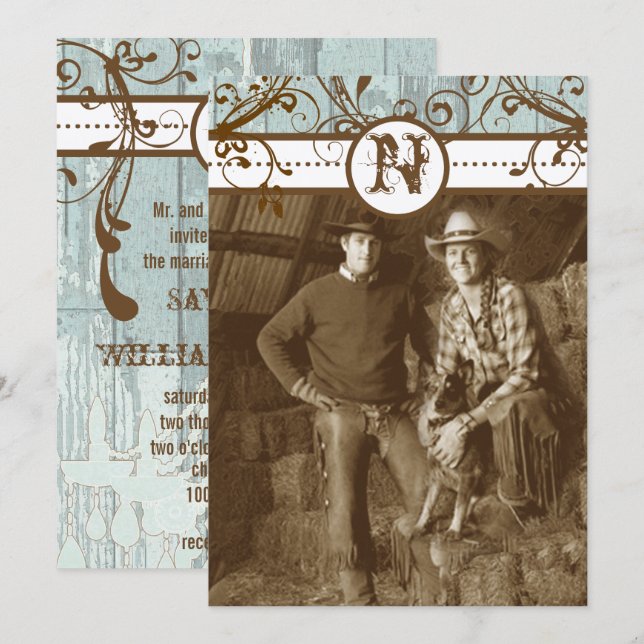 Land Chic Chocolate Mint Rustic Barn Wood Inbjudningar (Fram/baksida)