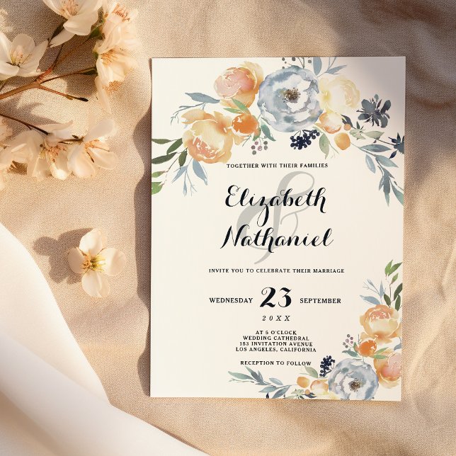 Land chic grått orange, vit blommigt bröllop inbjudningar (Country chic gray orange white floral wedding)