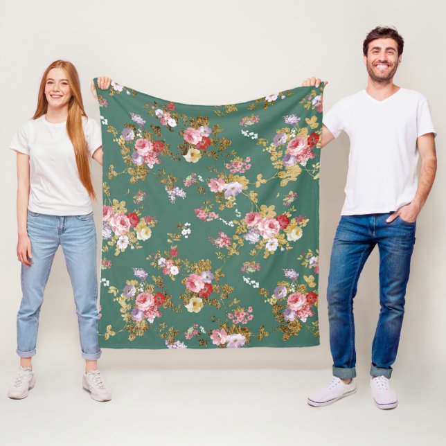 Land chic-grönten rosa guld elegant blommigt fleecefilt (På plats)