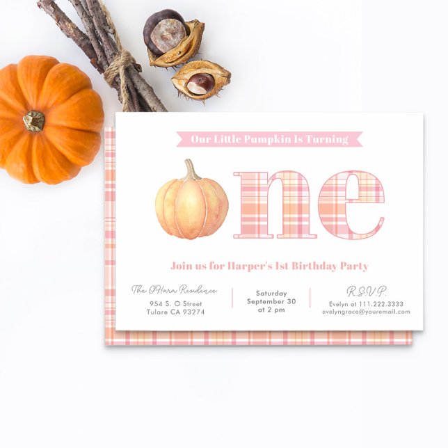 Land Chic Madras Play Girl 1st Birthday Party Inbjudningar (Preppy pink peach and pumpkin orange madras plaid 1st birthday party invitation for little girl)