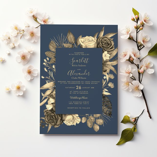 Land chic mauve blue guld blommigt Bröllop Inbjudningar (Country chic mauve blue gold floral Wedding )