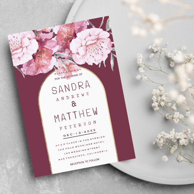 Land chic Mut Maut Mauve rosa guld blommigt bröllo Inbjudningar (Country chic mint mauve pink gold floral wedding)