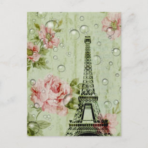 land chic myntmynta rosa blommigt paris eiffel tor vykort