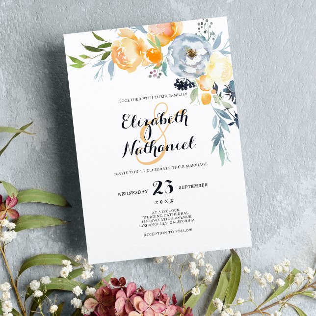 Land chic orange blå vit blommigt bröllop inbjudningar (Country chic orange blue white floral wedding invitation )