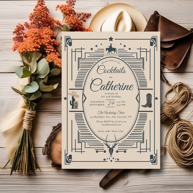 Land Chic Ram Cocktails Party 50:e födelsedagen Inbjudningar (country western rustic elegant 50th birthday invitation cocktail party desert tan modern classy)