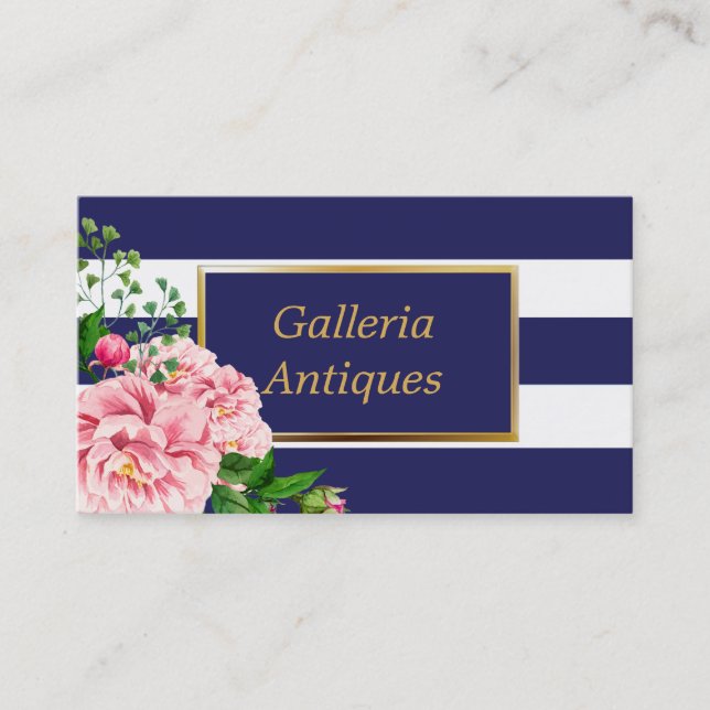 Land Chic Rosa ros Blommigt Navy Rand Visitkort (Framsida)