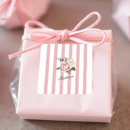 Land Chic Rosa stripe Bukett med rosor monogrammad Fyrkantigt Klistermärke