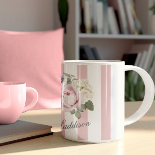 Land Chic Rosa stripe Bukett med rosor monogrammad Kaffemugg