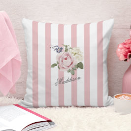 Land Chic Rosa stripe Bukett med rosor monogrammad Kudde