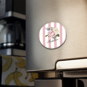 Land Chic Rosa stripe Bukett med rosor monogrammad Magnet