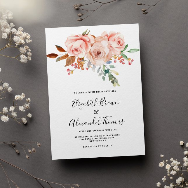 Land chic, vit rosa koral ro blommigt bröllop inbjudningar (Country chic white pink coral rose floral wedding )