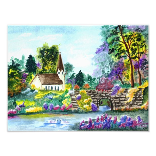 Land Church Watercolor Painting Fototryck (Framsidan)