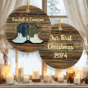 Land Cowboy Boots Par Första jul Julgransprydnad Keramik