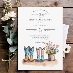 Land Cowboy Boots Wildblommor Rustic Bröllop Inbjudningar