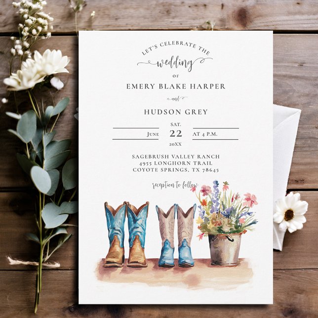 Land Cowboy Boots Wildblommor Rustic Bröllop Inbjudningar (country wedding invitation rustic western barn chic modern watercolor cowboy boots wildflowers)