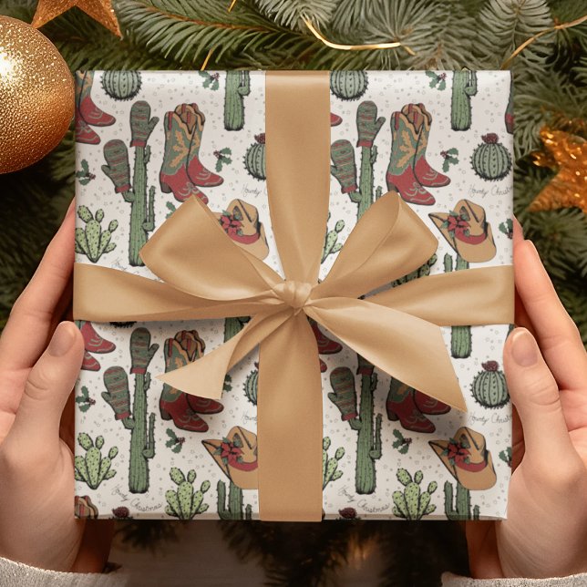 Land Cowboy Howdy jul Presentpapper (Festive Country Xmas Hand-Drawn Art. Cowboy Boots, Cacti, Winter Gloves, Poinsettia, Holly & Stars.)
