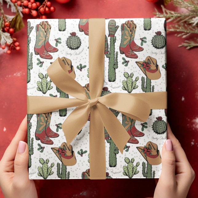 Land Cowboy Howdy jul Presentpapper (Festive Country Xmas Hand-Drawn Art. Cowboy Boots, Cacti, Winter Gloves, Poinsettia, Holly & Stars.)