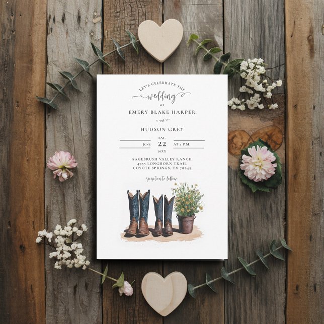 Land CowboyBoots Wildblommor Bröllop Inbjudningar (country wedding invitation rustic western barn chic modern watercolor cowboy boots watercolor)