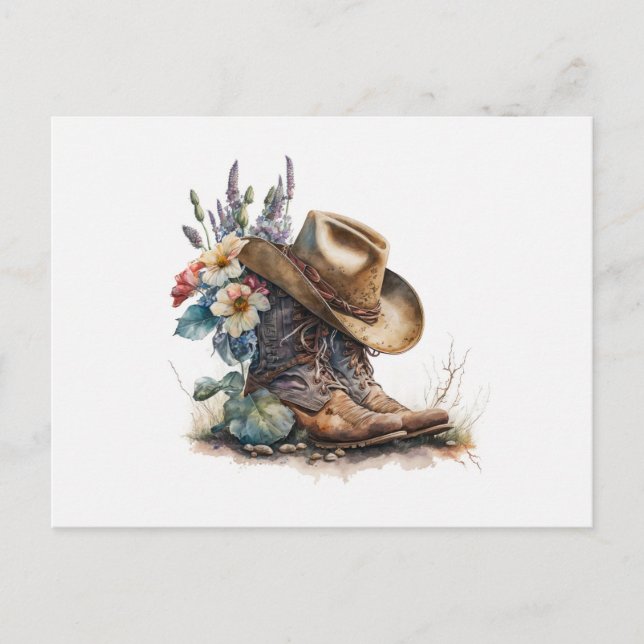 Land Cowgirl Boots Flower Hat Texas Vykort (Framsida)