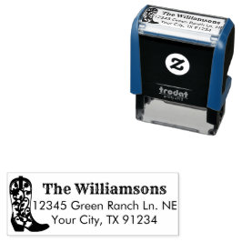 Land Cowgirl Riding Ornate Boot Returadress Självfärgande Stämpel