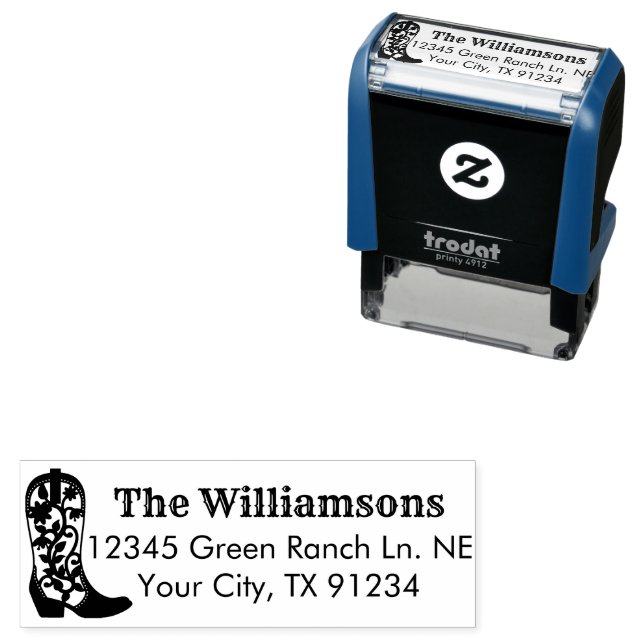 Land Cowgirl Riding Ornate Boot Returadress Självfärgande Stämpel (In Situ)