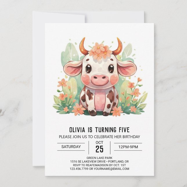 Land Cute Enchanted Cow Birthday Inbjudningar (Framsida)
