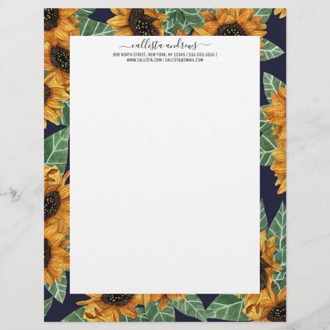 Land Cute Gult Navy Sunblommor Watercolor Brevhuvud (Framsida)