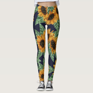 Land Cute Gult Navy Sunblommor Watercolor Leggings