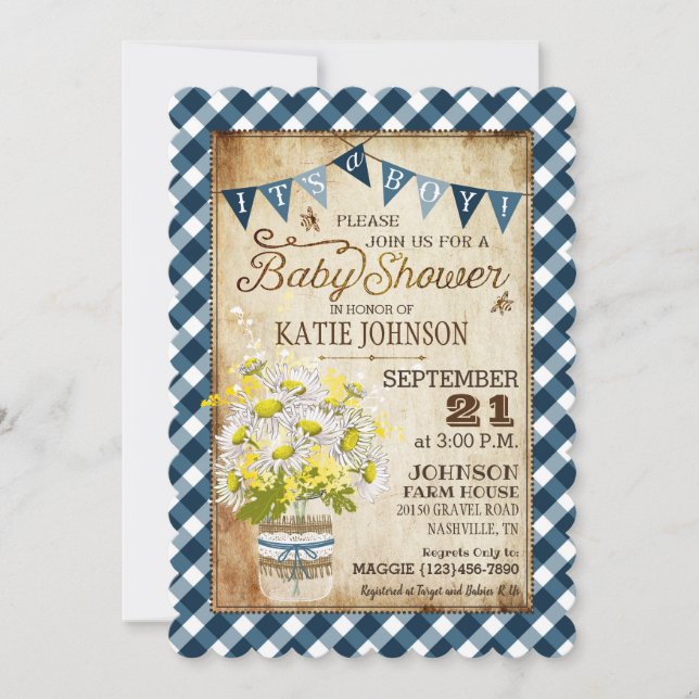 Land Daisy Gingham Check Boy Baby Shower Inbjudningar (Framsida)