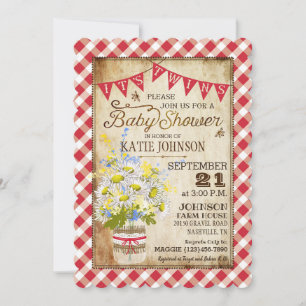 Land Daisy Gingham Check Twillingars Baby Shower Inbjudningar