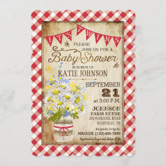 Land Daisy Gingham Check Twillingars Baby Shower Inbjudningar