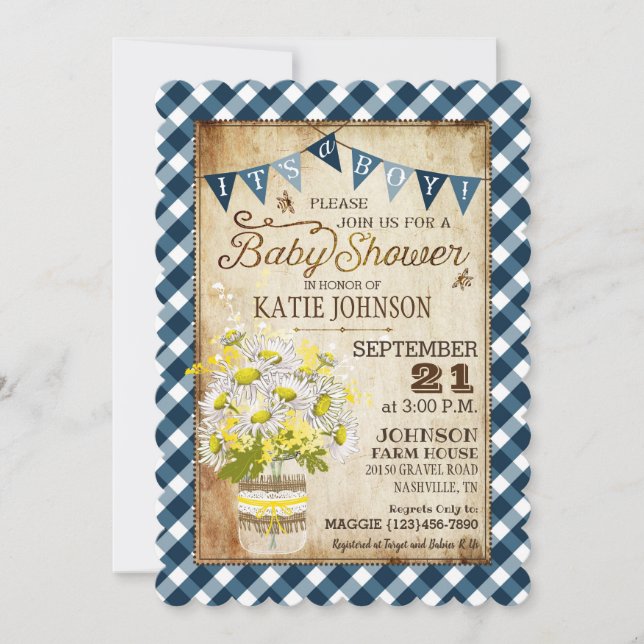 Land Daisys Gingham Check Boy Baby Shower Inbjudningar (Framsida)