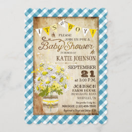 Land Daisys Gingham Check Boy Baby Shower Inbjudningar