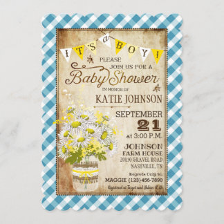 Land Daisys Gingham Check Boy Baby Shower Inbjudningar