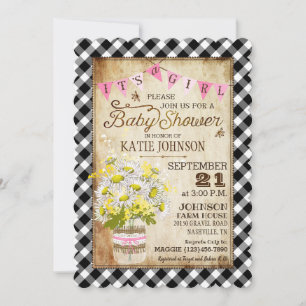 Land Daisys Gingham Check Girl Baby Shower Inbjudningar