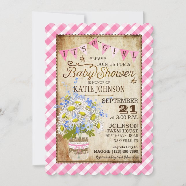 Land Daisys Gingham Check Girl Baby Shower Inbjudningar (Framsida)