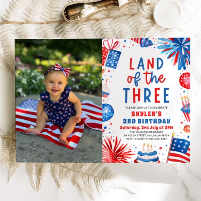 Land den 3:e juli patriotisk 3:e födelsedagen inbjudningar (Watercolor Fireworks Patriotic 4th of July Land of the Three 3rd Birthday Invitation)