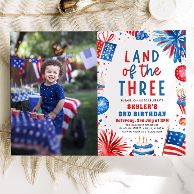 Land den 3:e juli patriotisk 3:e födelsedagen inbjudningar (Watercolor Fireworks Patriotic 4th of July Land of the Three 3rd Birthday Invitation)