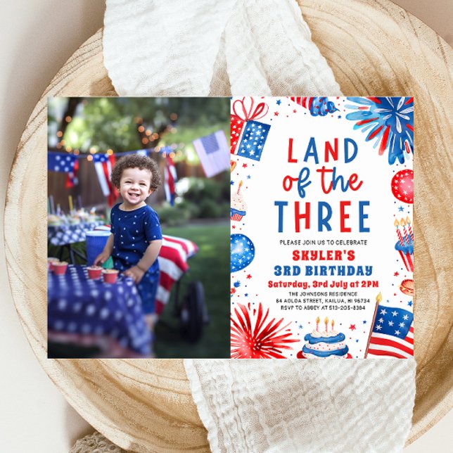 Land den 3:e juli patriotisk 3:e födelsedagen inbjudningar (Watercolor Fireworks Patriotic 4th of July Land of the Three 3rd Birthday Invitation)