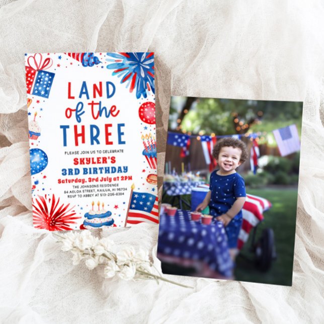 Land den 3:e juli patriotisk 3:e födelsedagen inbjudningar (Watercolor Fireworks Patriotic 4th of July Land of the Three 3rd Birthday Invitation)